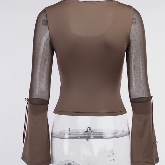 Shirt Mesh bell sleeve brown womens top clothing - Picture 4 of 4